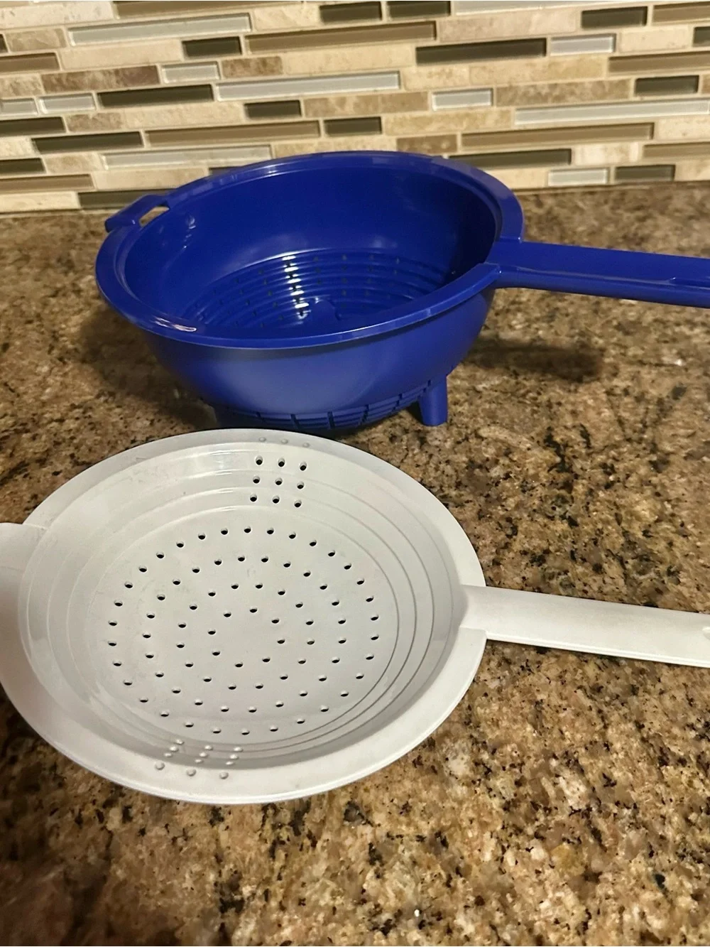 Tupperware Double Colander ~ set of 2 with Handle ~ Cobalt Blue